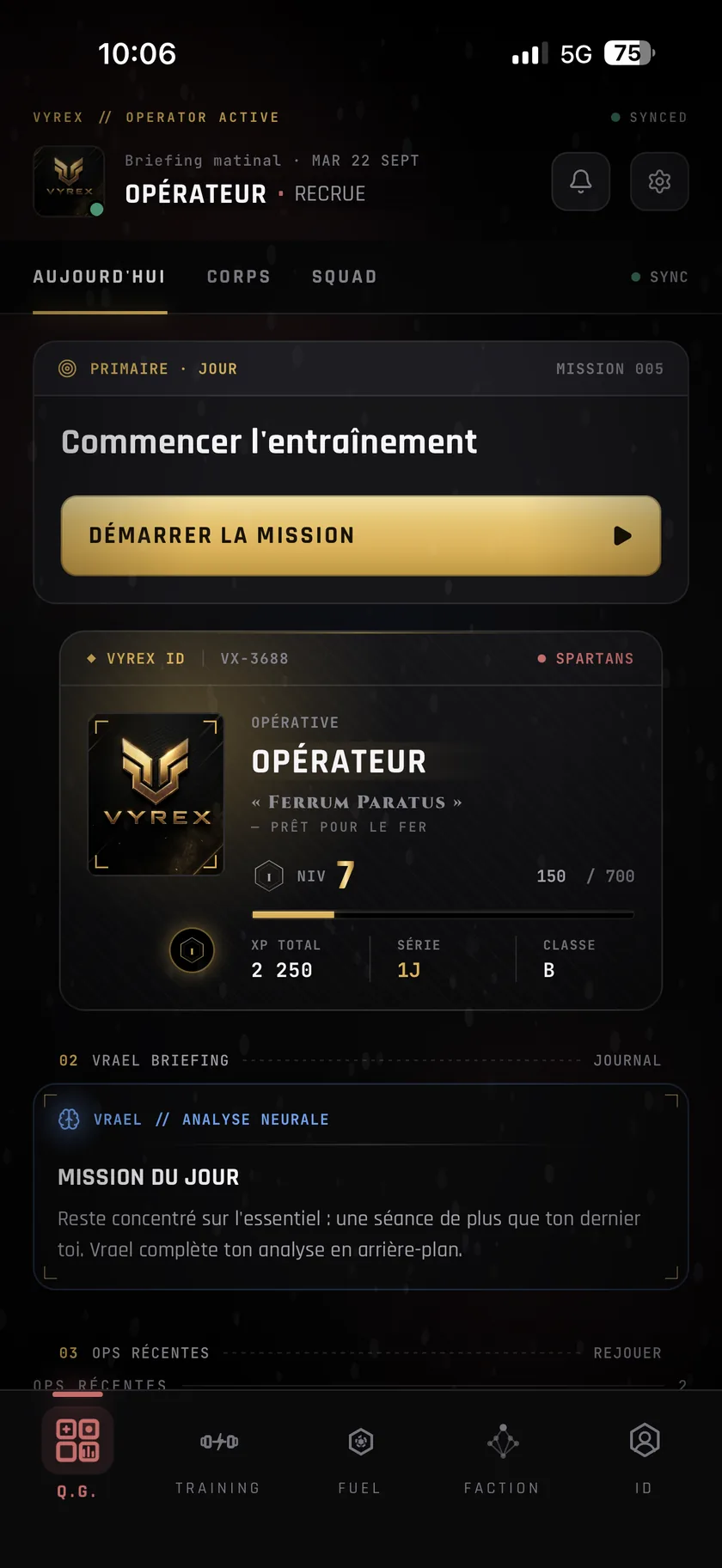Écran Q.G. de l'application VYREX : briefing matinal, démarrer la mission, carte d'opérateur, analyse de Vrael